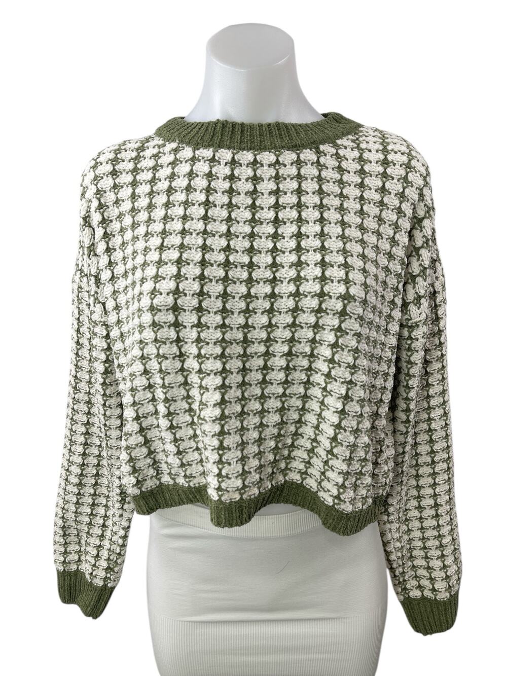 Pink Rose Green Floral Chenille Knit Long Sleeve Crew Neck Crop Sweater Top Sz M